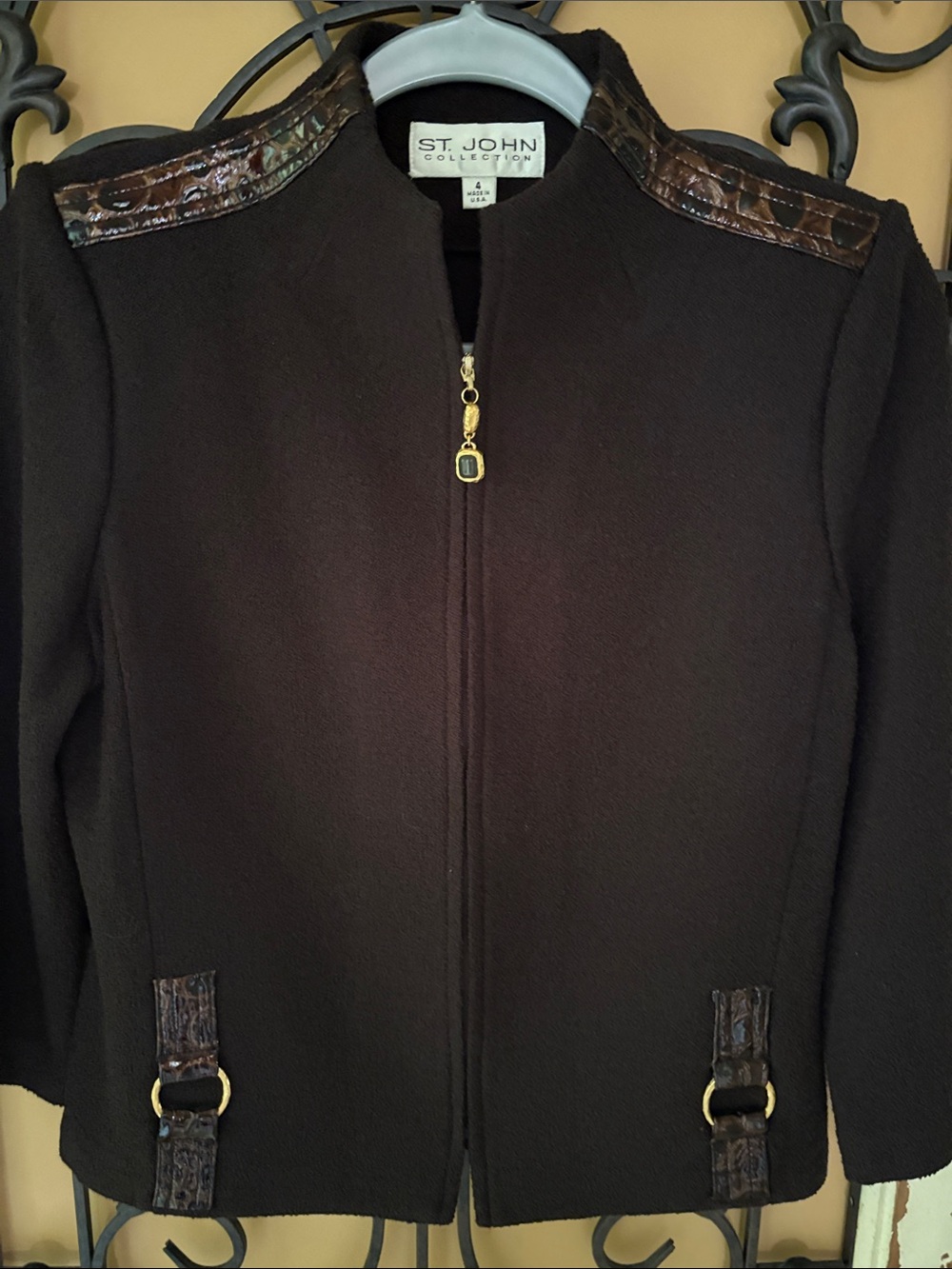 St. John Brown Bouclé Zip Jacket with Brown Croc-Trim Accents